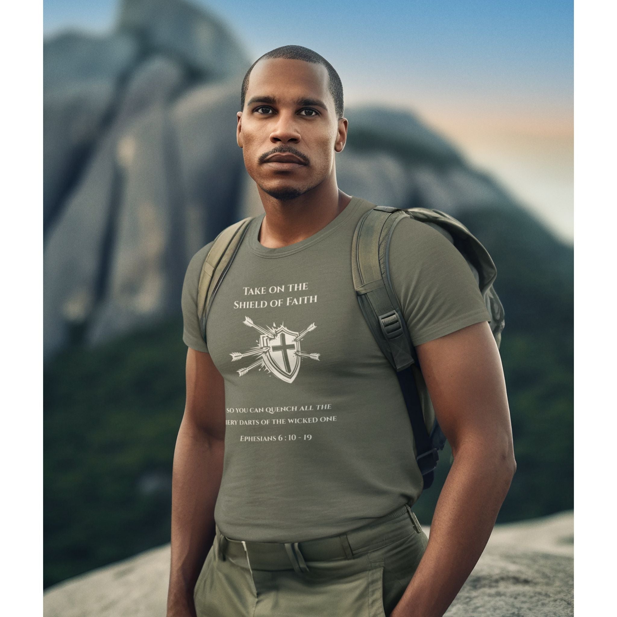 A man wearing an olive green t-shirt with a white Shield of Faith graphic, cross, arrows, and Ephesians verse text.