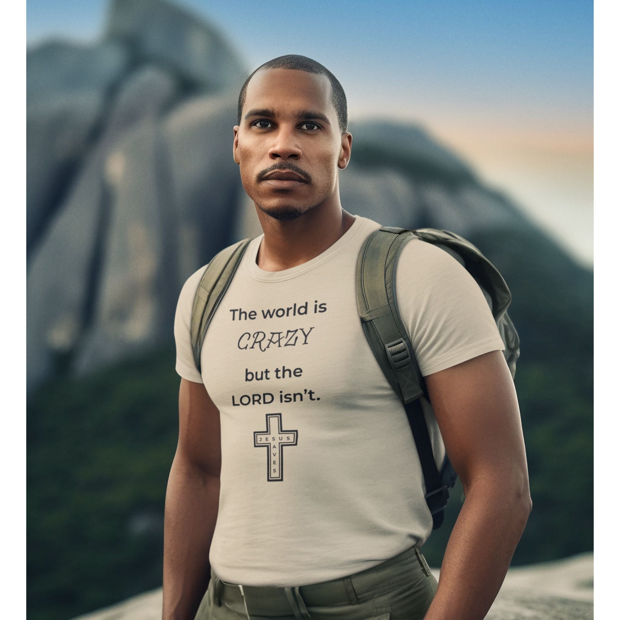 Man wearing a sand-colored t-shirt with a black text design on the front against a red background.