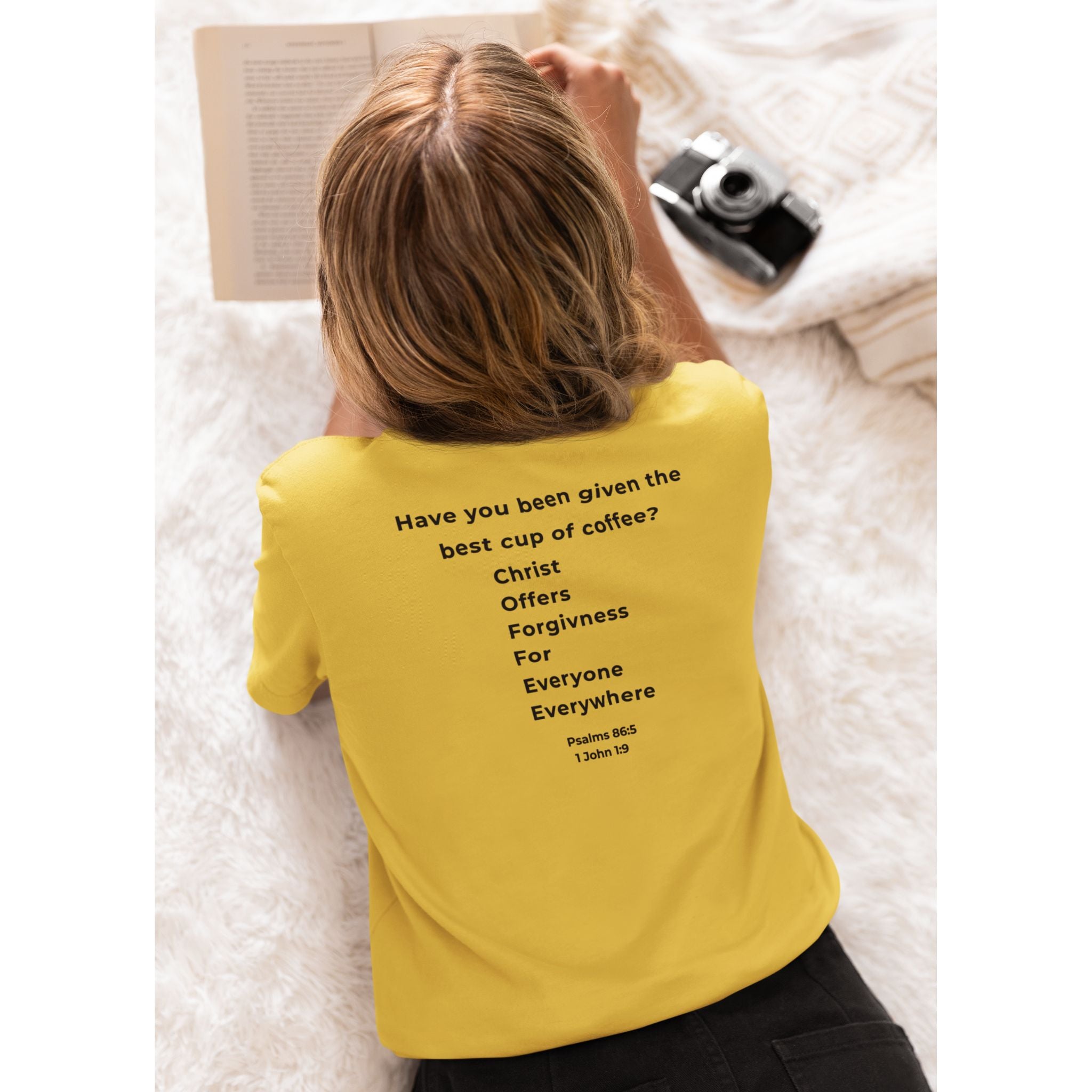 Coffee Faith Shirt - Christ Offers Forgiveness for Everyone Everywhere