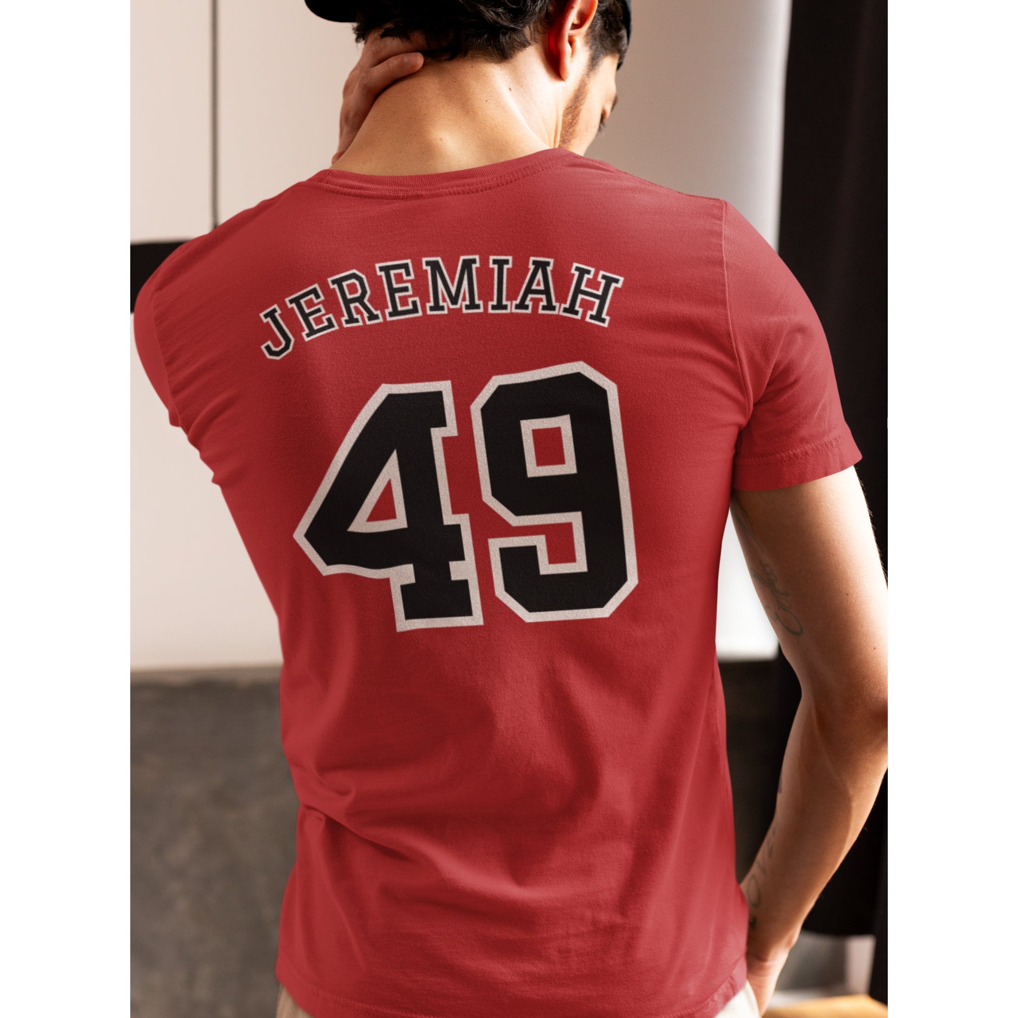 Jeremiah 49 Jersey Tee - Christian T-Shirt | Back Print | The Faith Roster