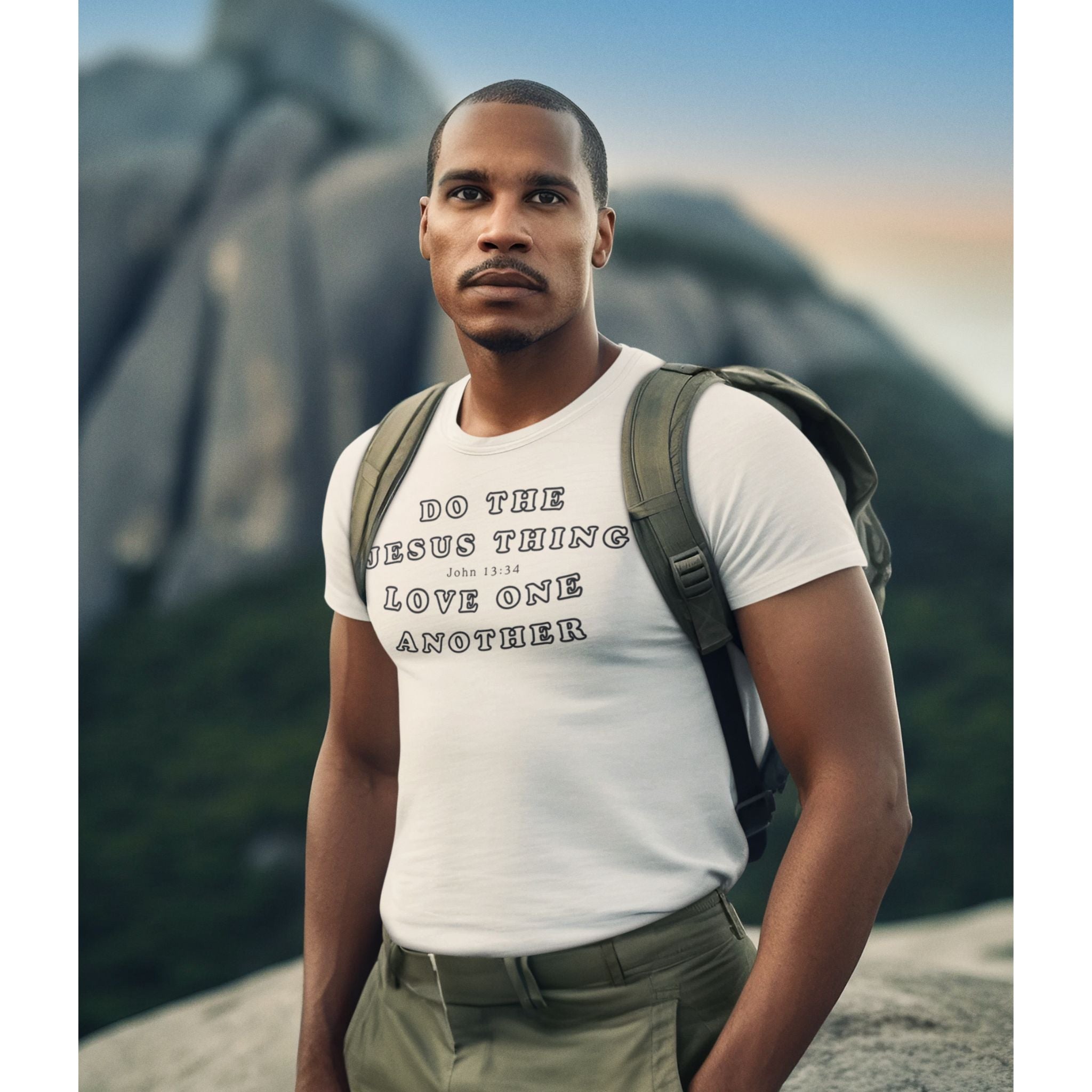 A man wearing an ash gray graphic t-shirt with black text that reads 'DO THE JESUS THING LOVE ONE ANOTHER' stands on a mountain peak with a backpack on his shoulders.