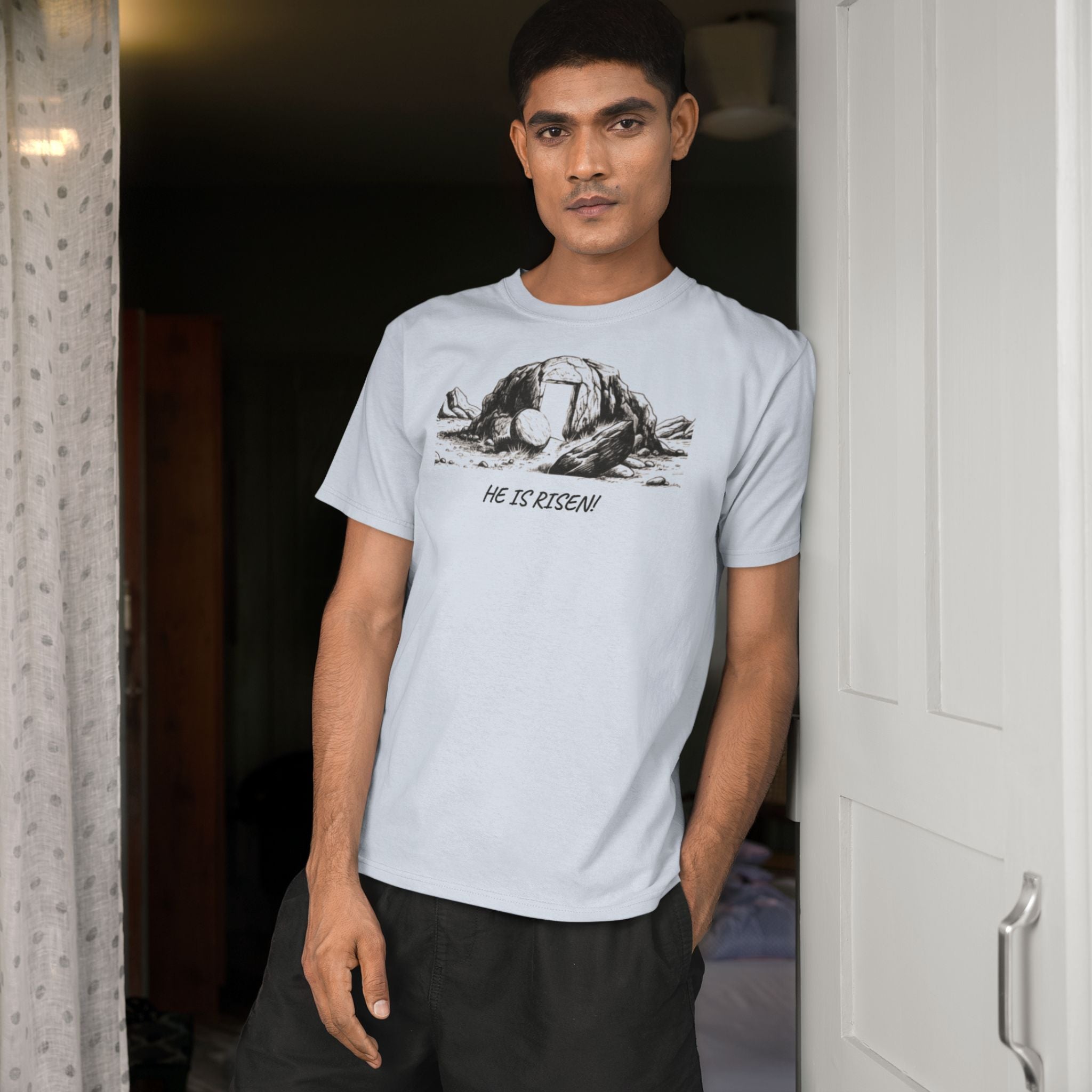 He Is Risen Christian T-Shirt | Open Tomb Resurrection Design
