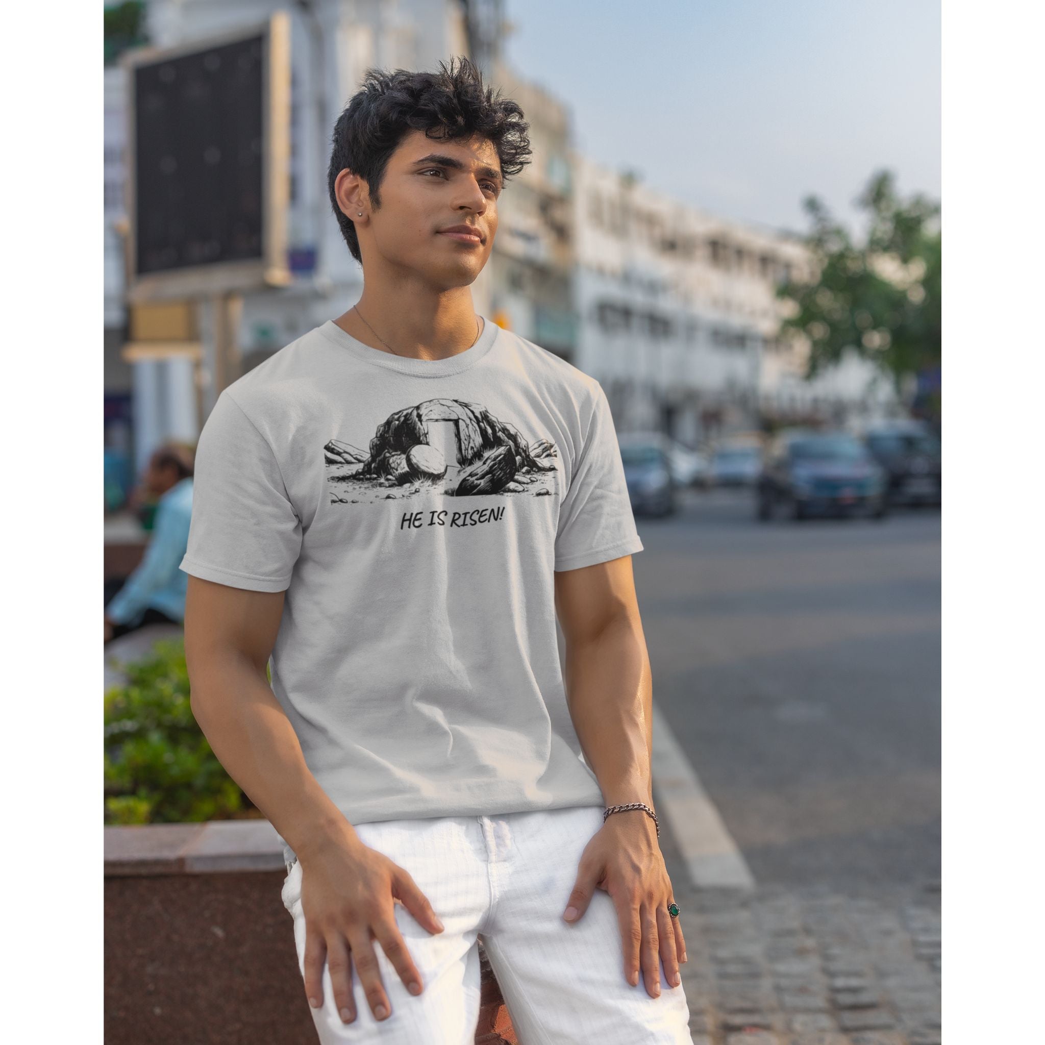 He Is Risen Christian T-Shirt | Open Tomb Resurrection Design