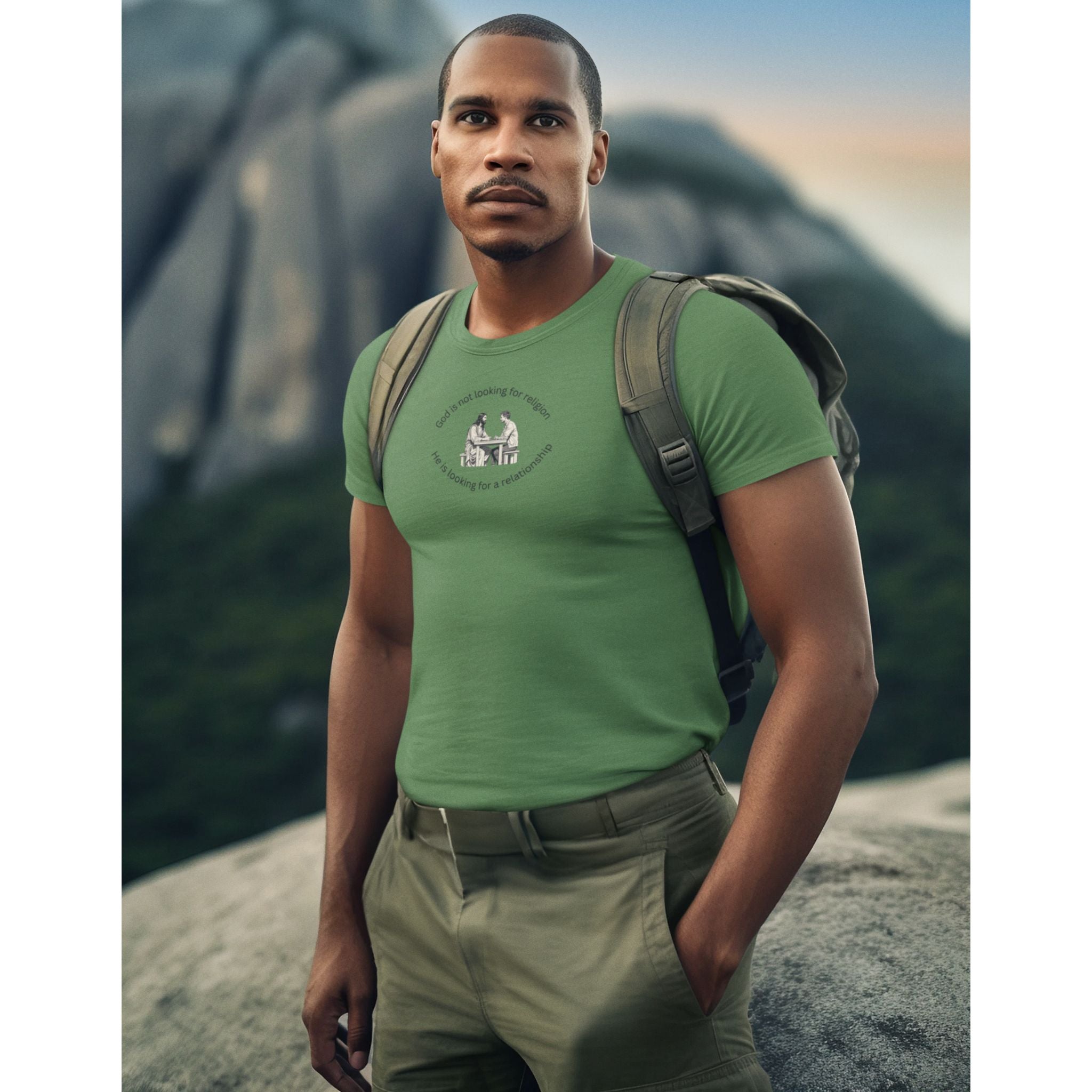 Relationship with Jesus — Man — Christian T-Shirt | Faith Over Religion Front Print | Earthtone Edition