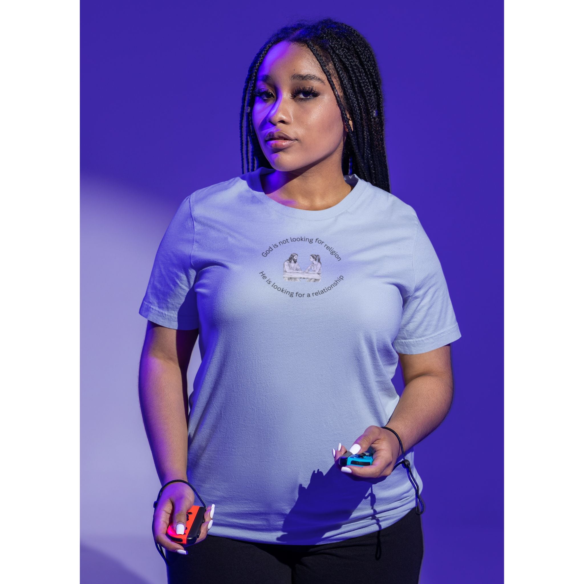 Relationship with Jesus — Woman — Christian T-Shirt | Faith Over Religion Front Print | Pastel Edition