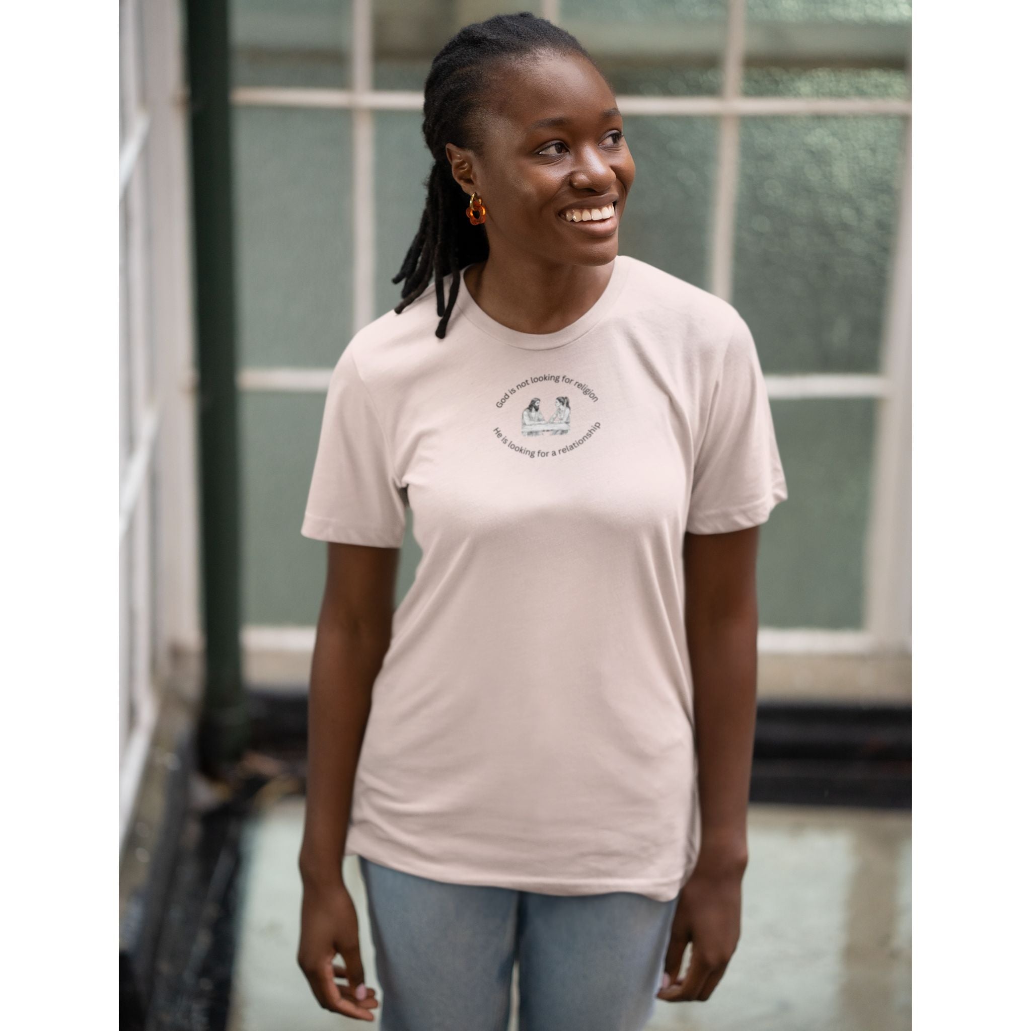 Relationship with Jesus — Woman — Christian T-Shirt | Faith Over Religion Front Print | Pastel Edition