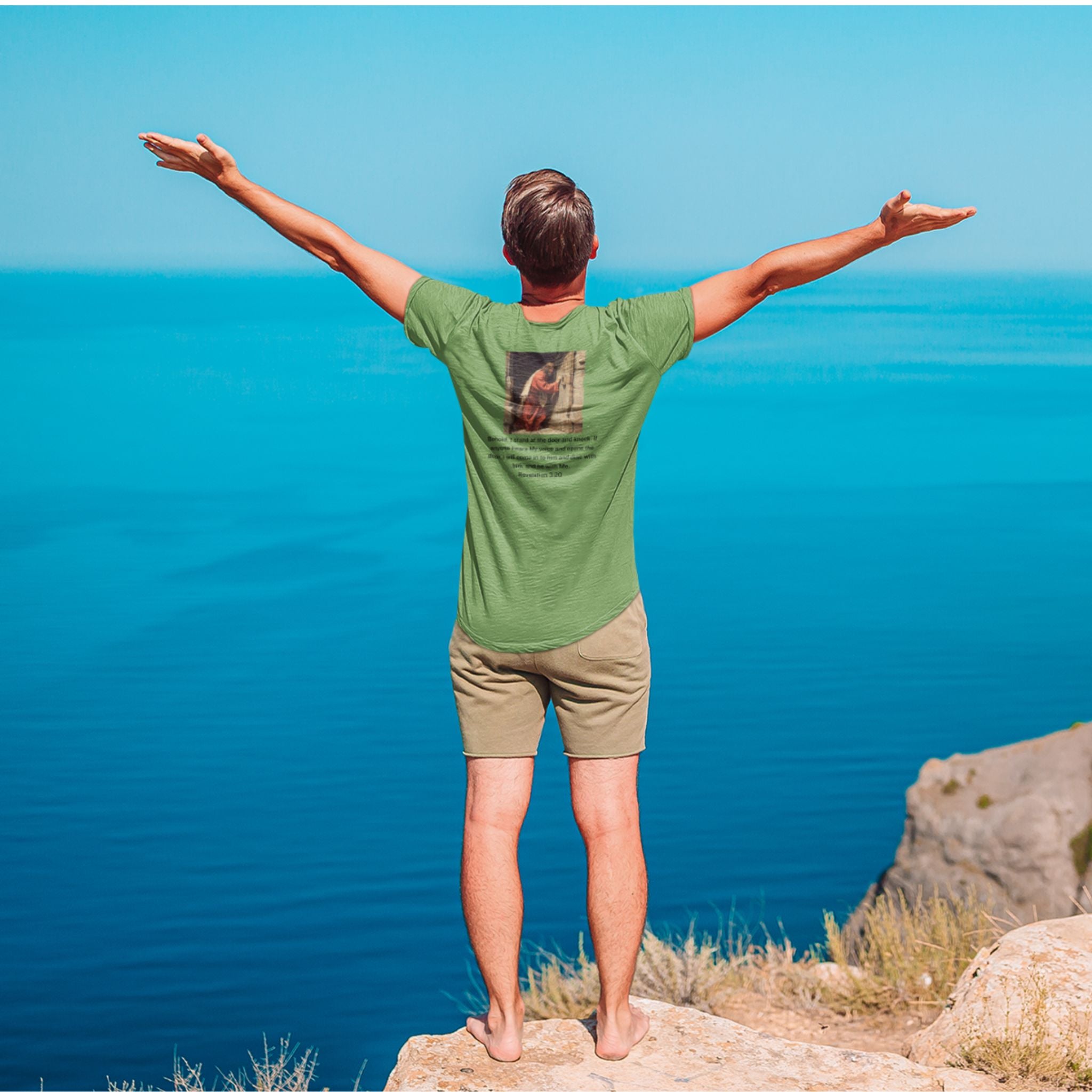 Revelation 3:20 — Christian T-Shirt | He stands at the door and knocks | Earthtone