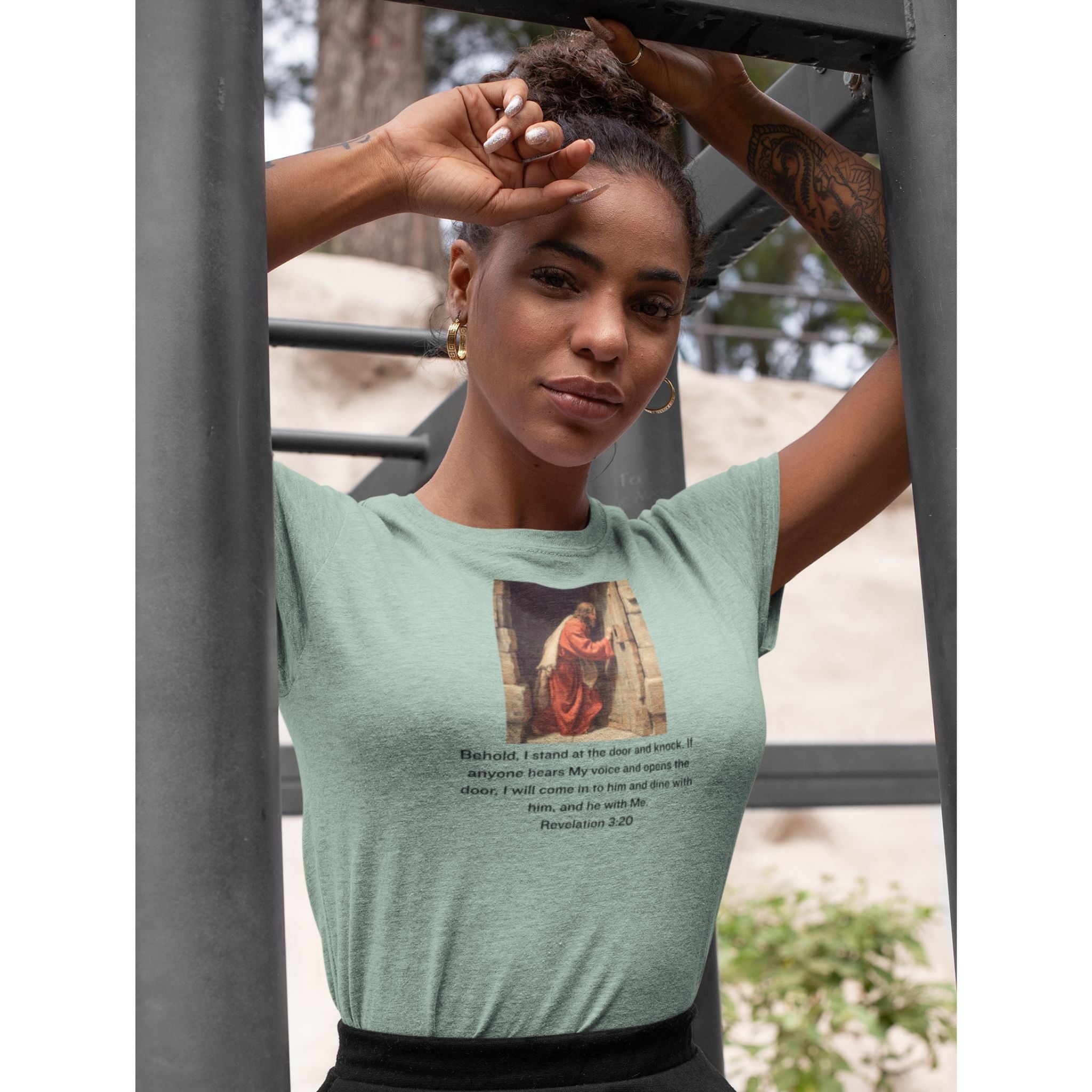 Revelation 3:20 — Christian T-Shirt | Jesus Knocks, Invitation to Faith — Earthtone Edition