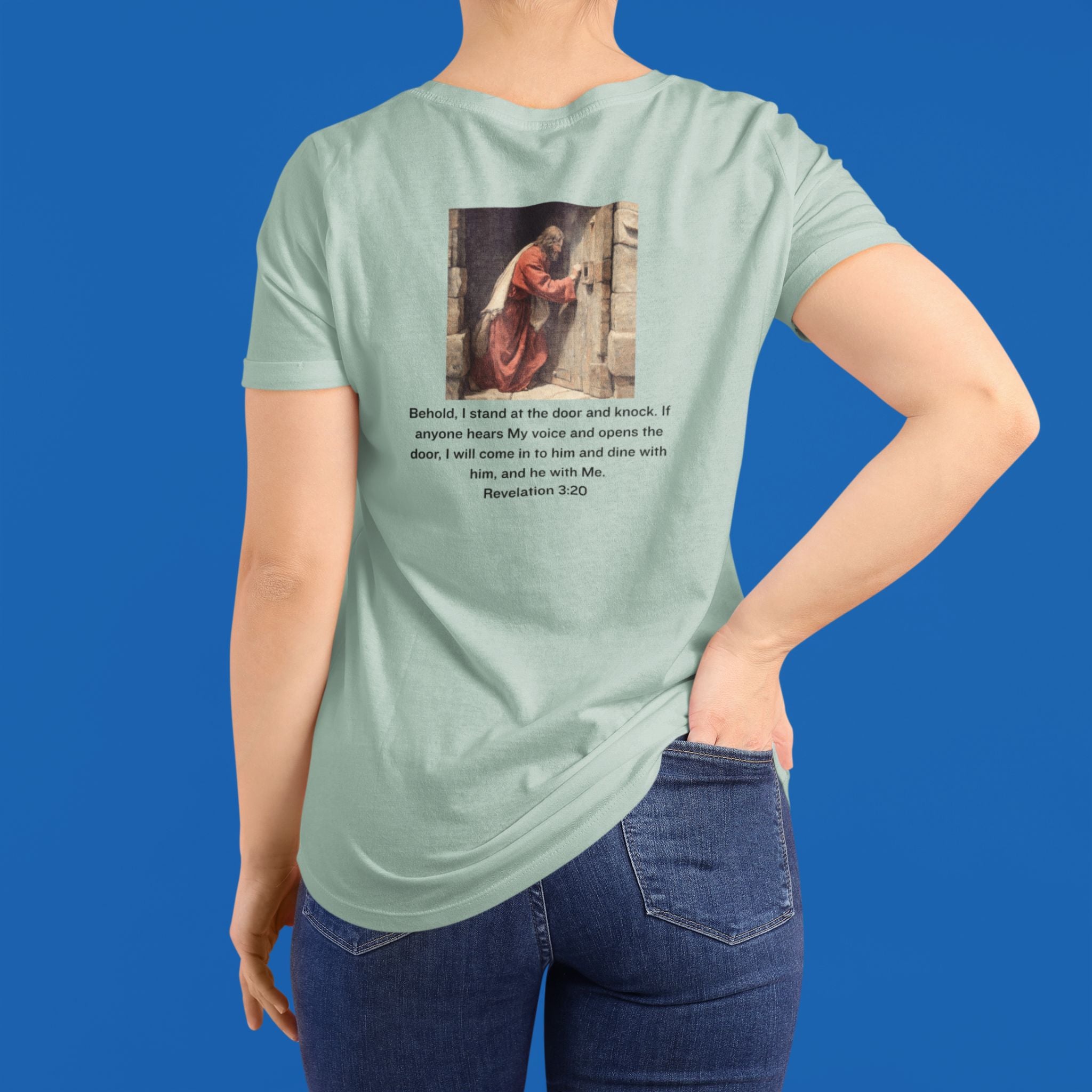 Revelation 3:20 — Christian T-Shirt | He stands at the door and knocks | Earthtone