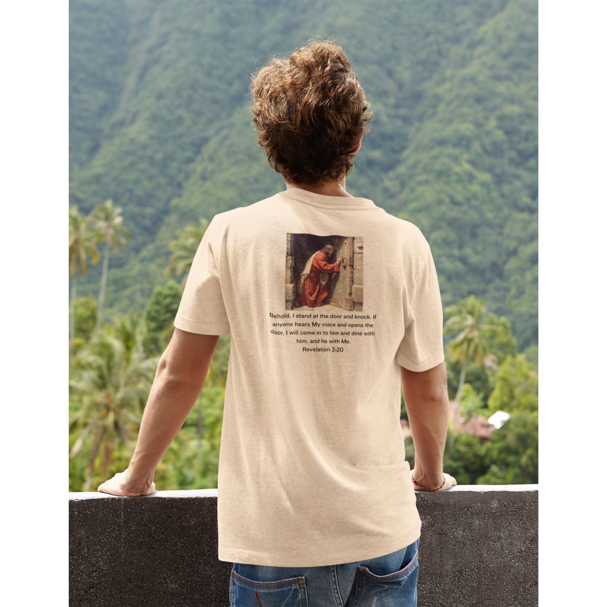 Revelation 3:20 — Christian T-Shirt | He stands at the door and knocks | Earthtone