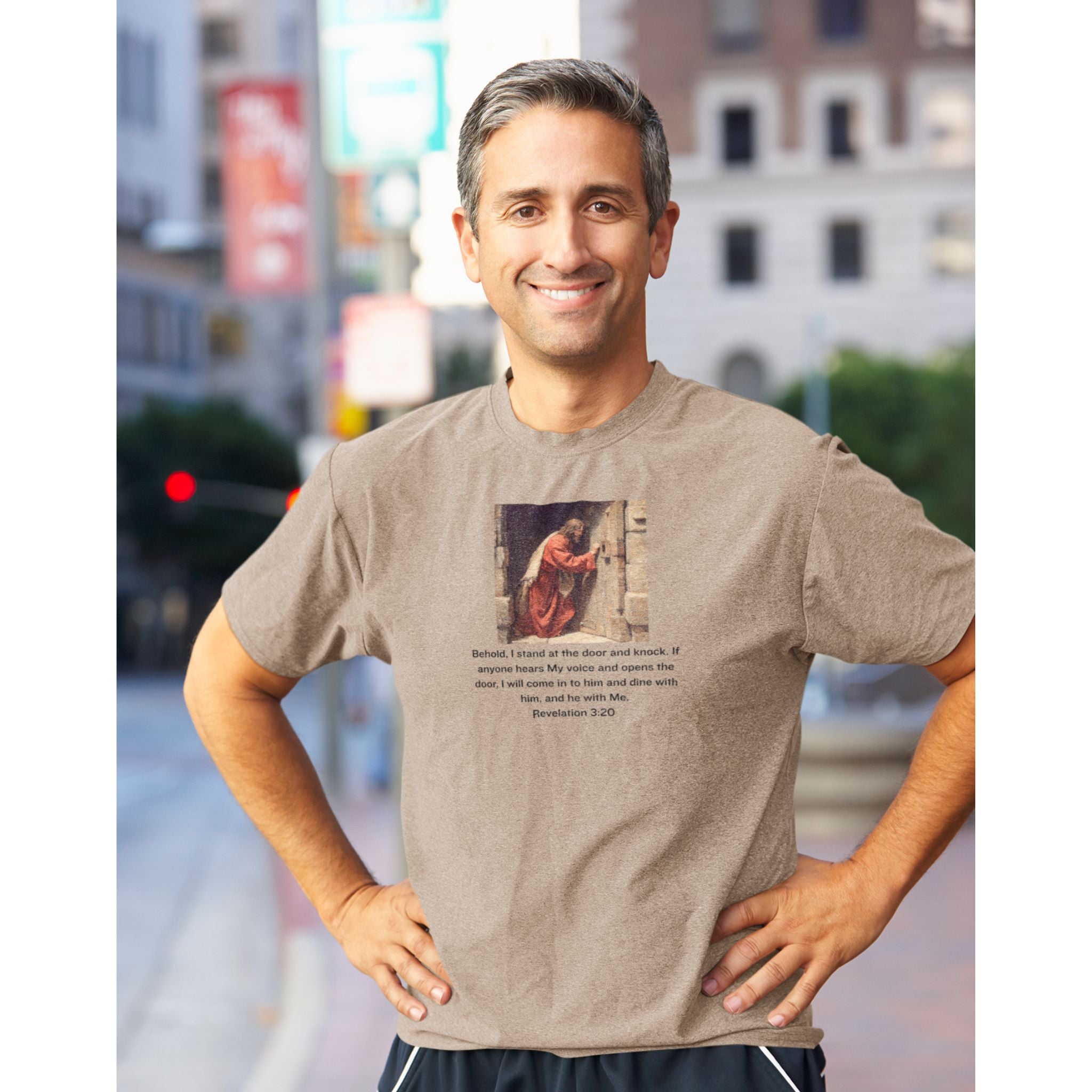 Revelation 3:20 — Christian T-Shirt | Jesus Knocks, Invitation to Faith — Earthtone Edition