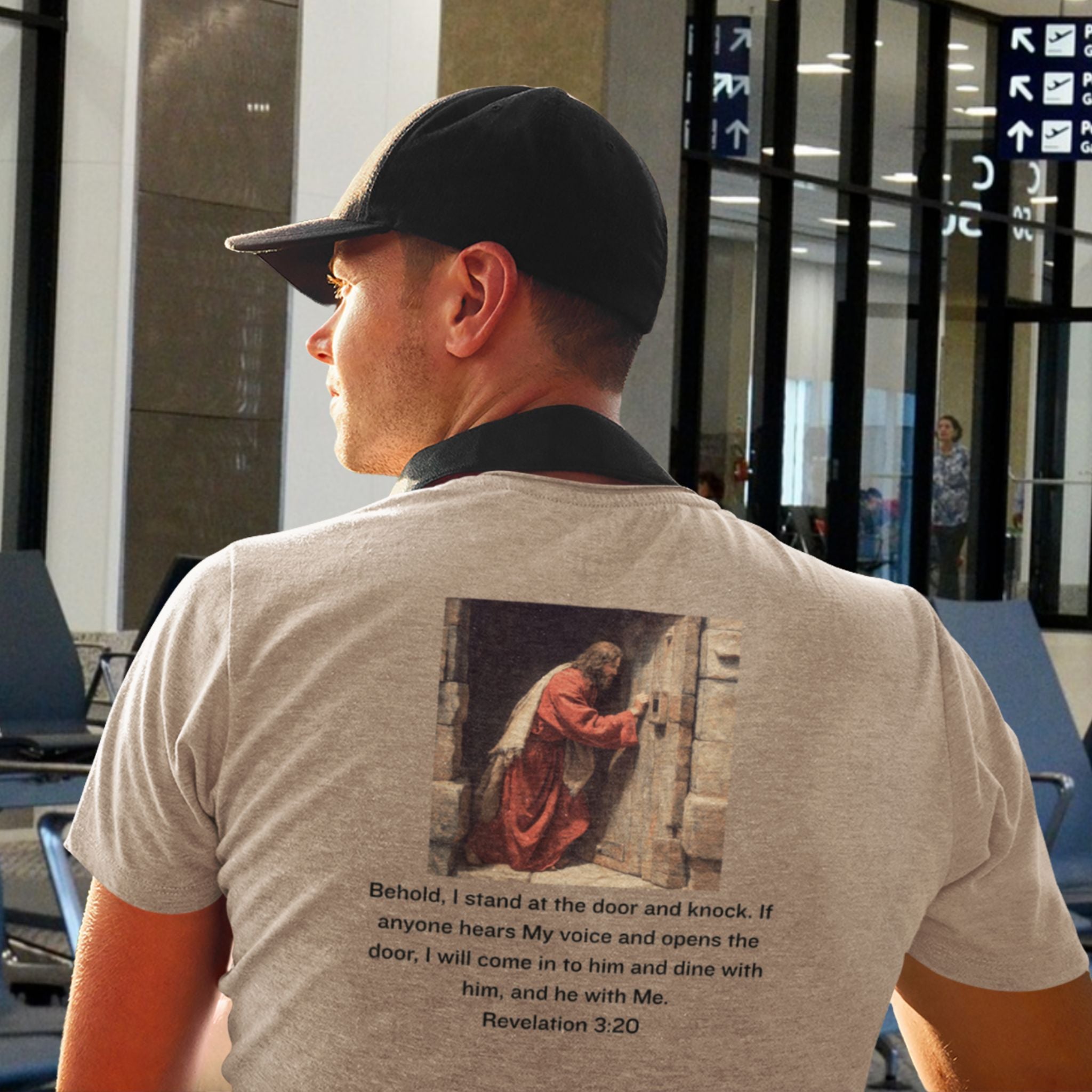 Revelation 3:20 — Christian T-Shirt | He stands at the door and knocks | Earthtone