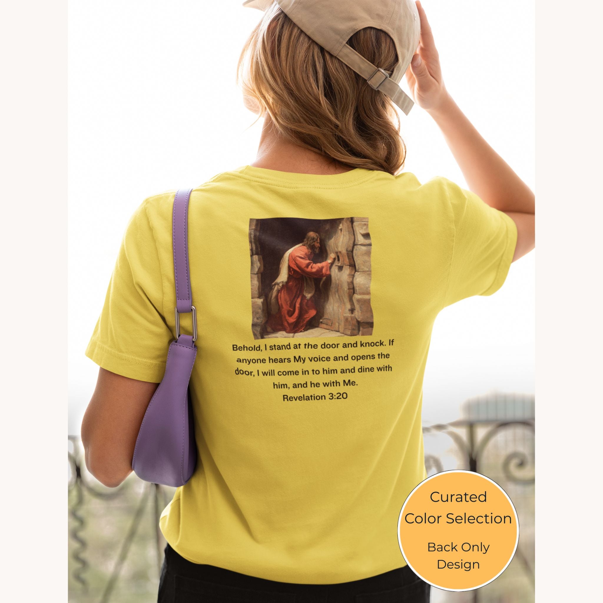 Revelation 3:20 — Christian T-Shirt | He stands at the door and knocks | Earthtone