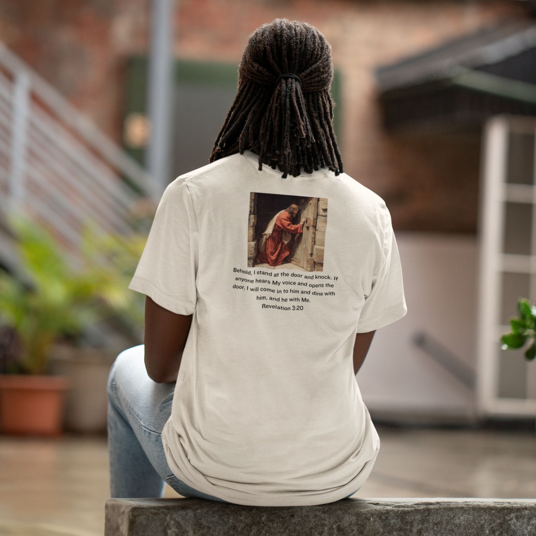 Revelation 3:20 — Christian T-Shirt | He stands at the door and knocks | Earthtone
