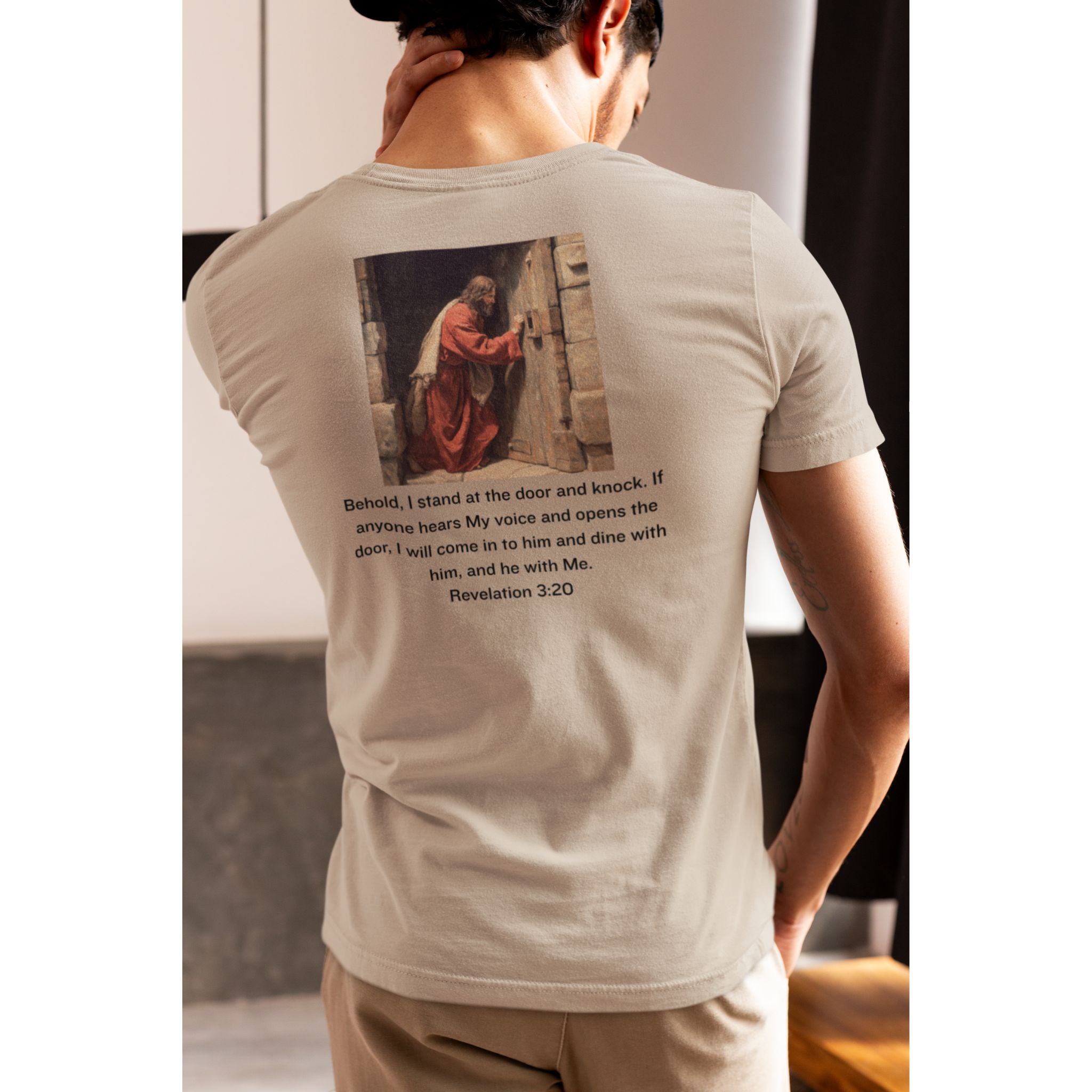 Revelation 3:20 — Christian T-Shirt | He stands at the door and knocks | Earthtone