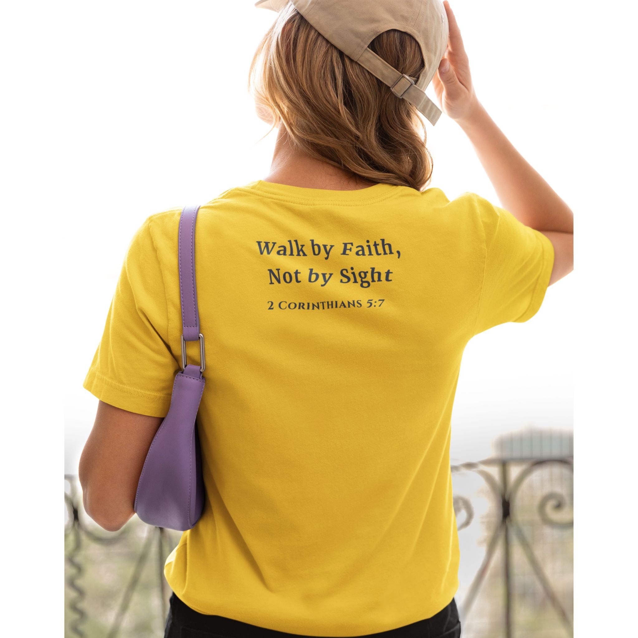Walk by Faith, Not by Sight Back Print Christian T-Shirt | 2 Corinthians 5:7