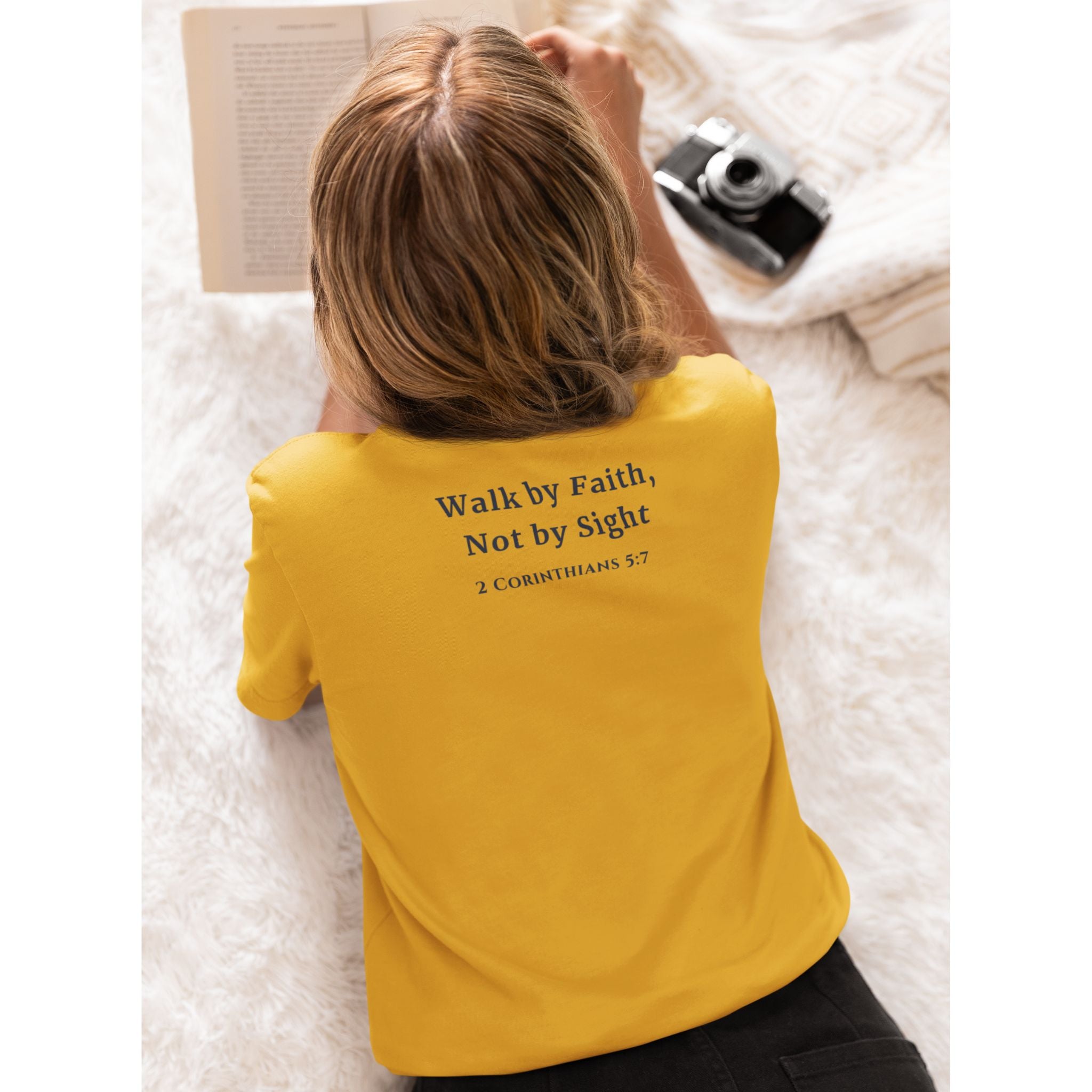 Walk by Faith, Not by Sight Back Print Christian T-Shirt | 2 Corinthians 5:7