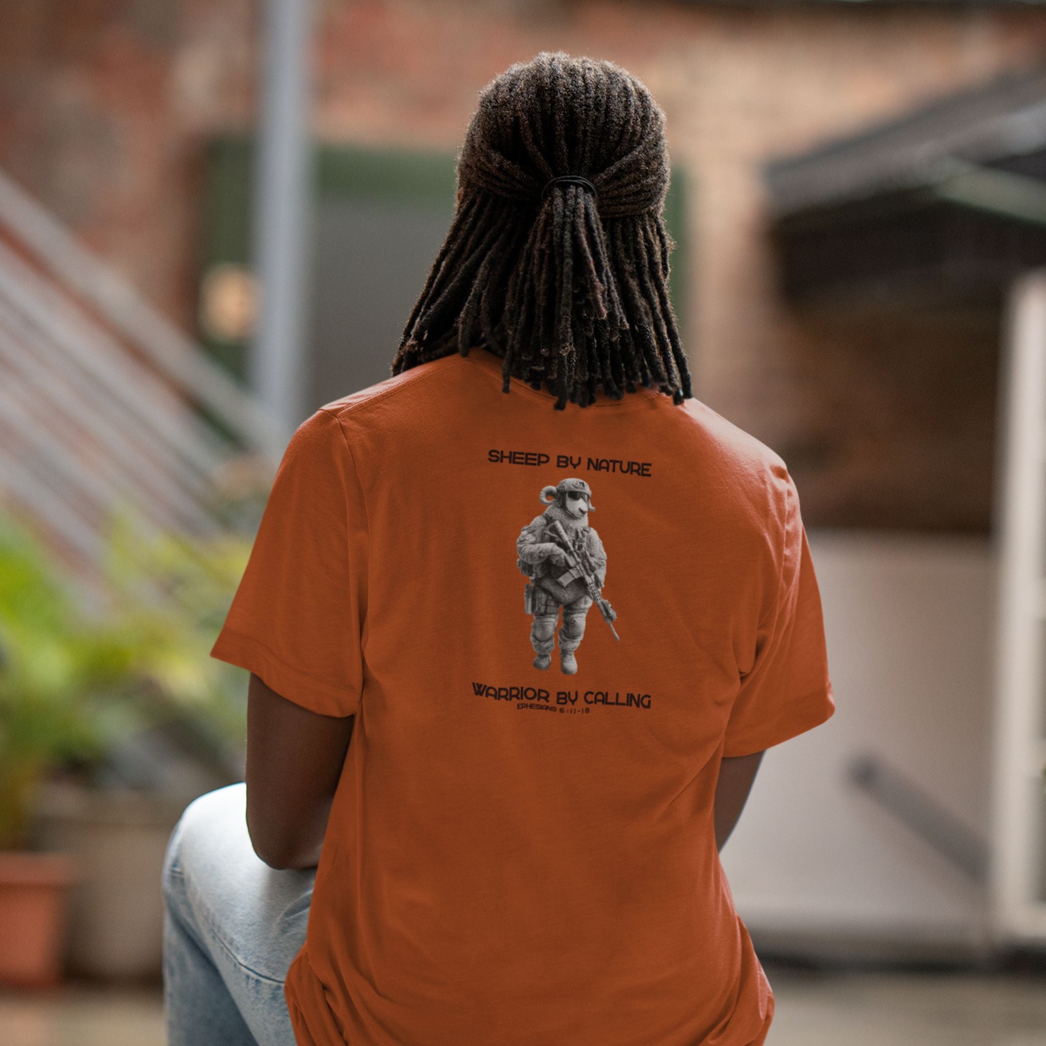 Warrior Sheep — Back Print Christian T-Shirt | Sheep by Nature, Warrior by Calling — Earthtone Edition