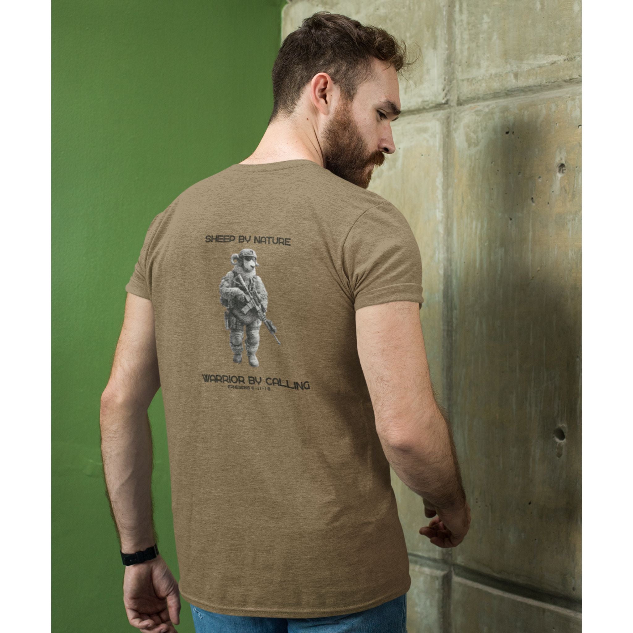 Warrior Sheep — Back Print Christian T-Shirt | Sheep by Nature, Warrior by Calling — Earthtone Edition
