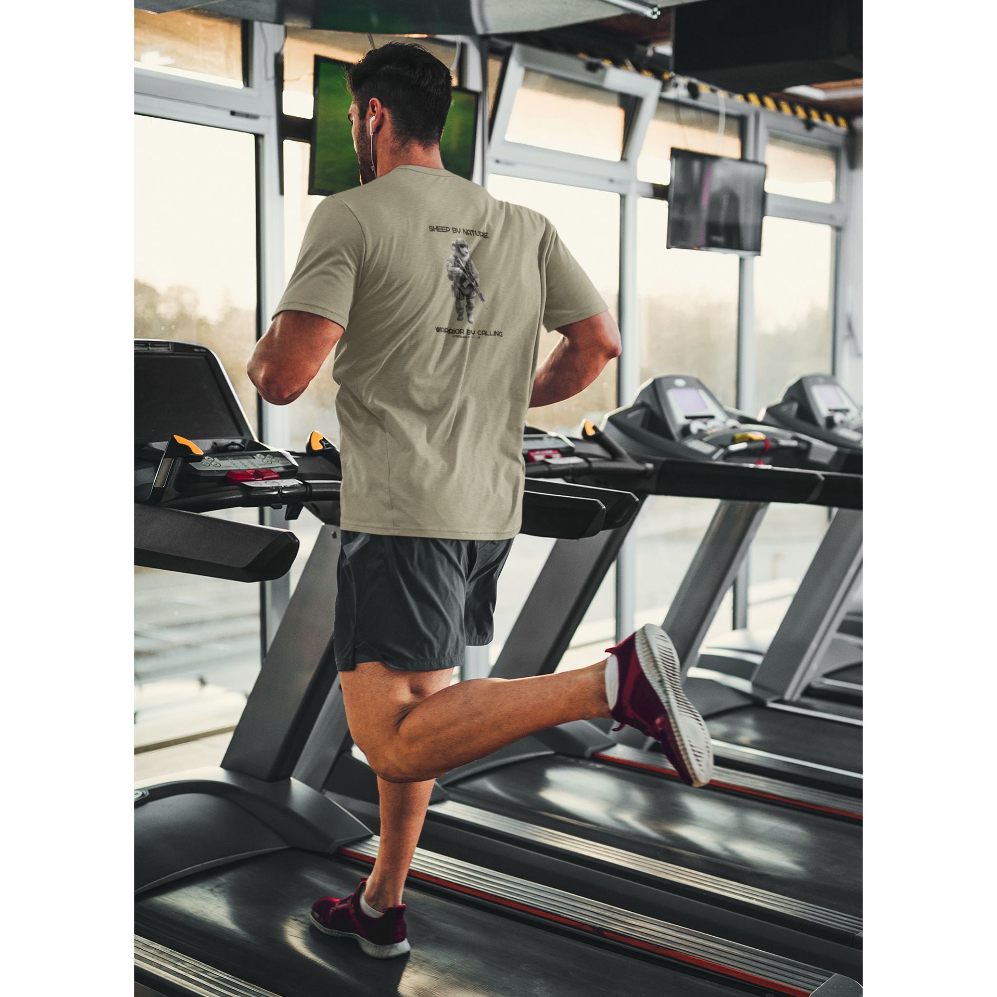 Warrior Sheep — Back Print Christian T-Shirt | Sheep by Nature, Warrior by Calling — Earthtone Edition