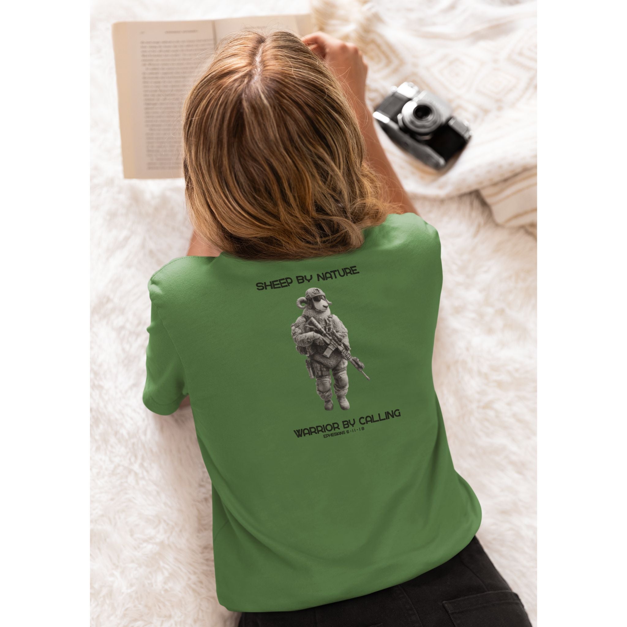 Warrior Sheep — Back Print Christian T-Shirt | Sheep by Nature, Warrior by Calling — Earthtone Edition
