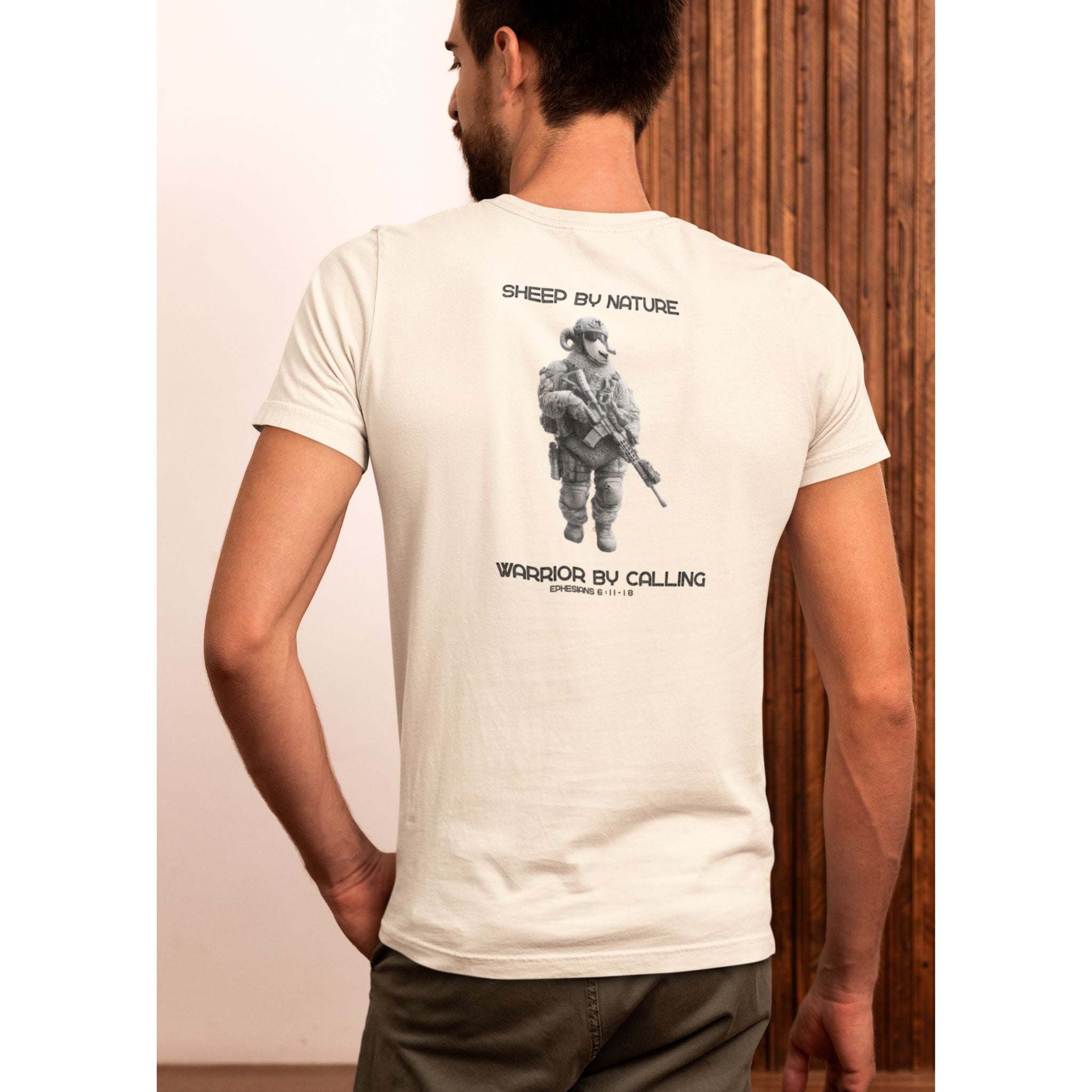 Warrior Sheep — Back Print Christian T-Shirt | Sheep by Nature, Warrior by Calling — Earthtone Edition