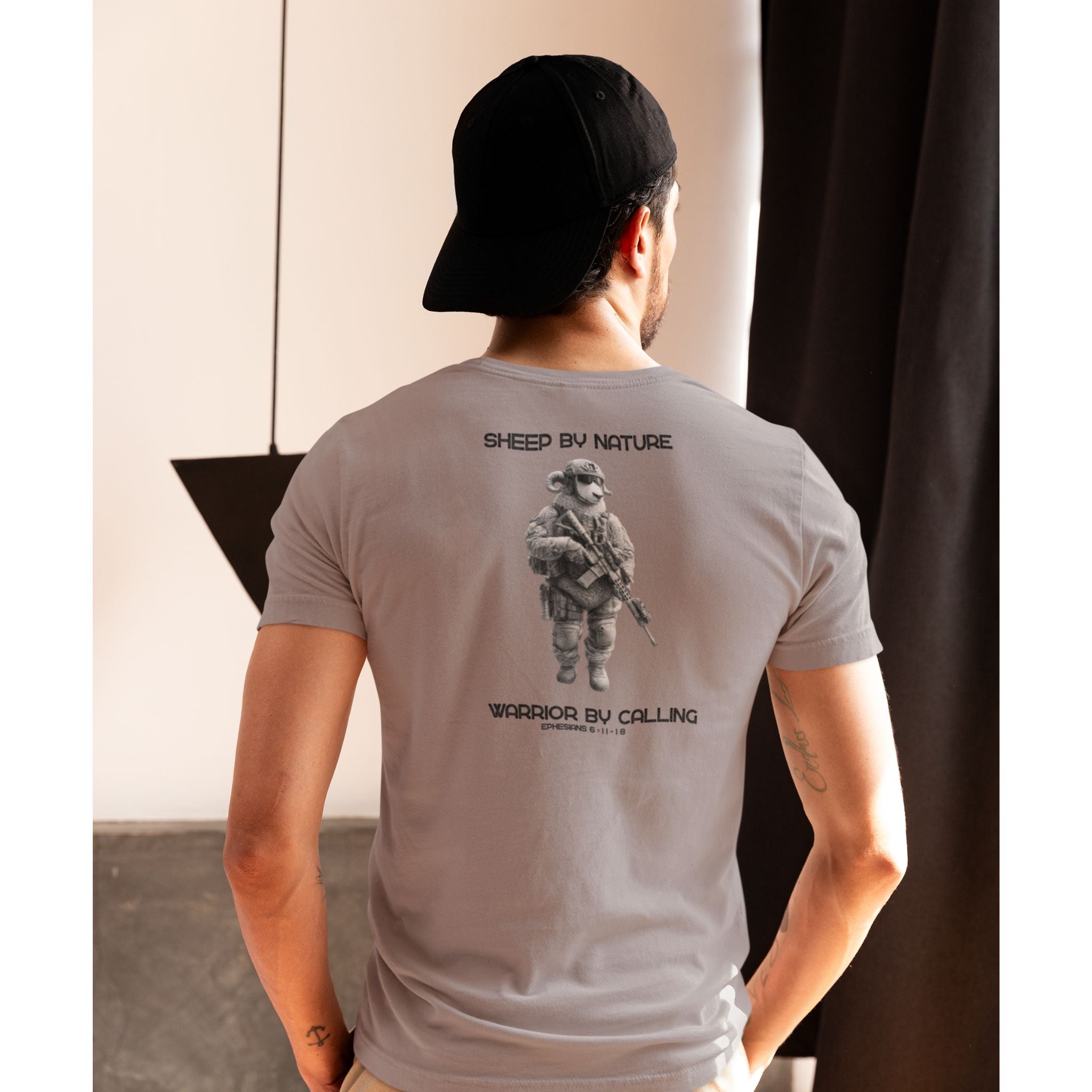 Warrior Sheep — Back Print Christian T-Shirt | Sheep by Nature, Warrior by Calling — Earthtone Edition