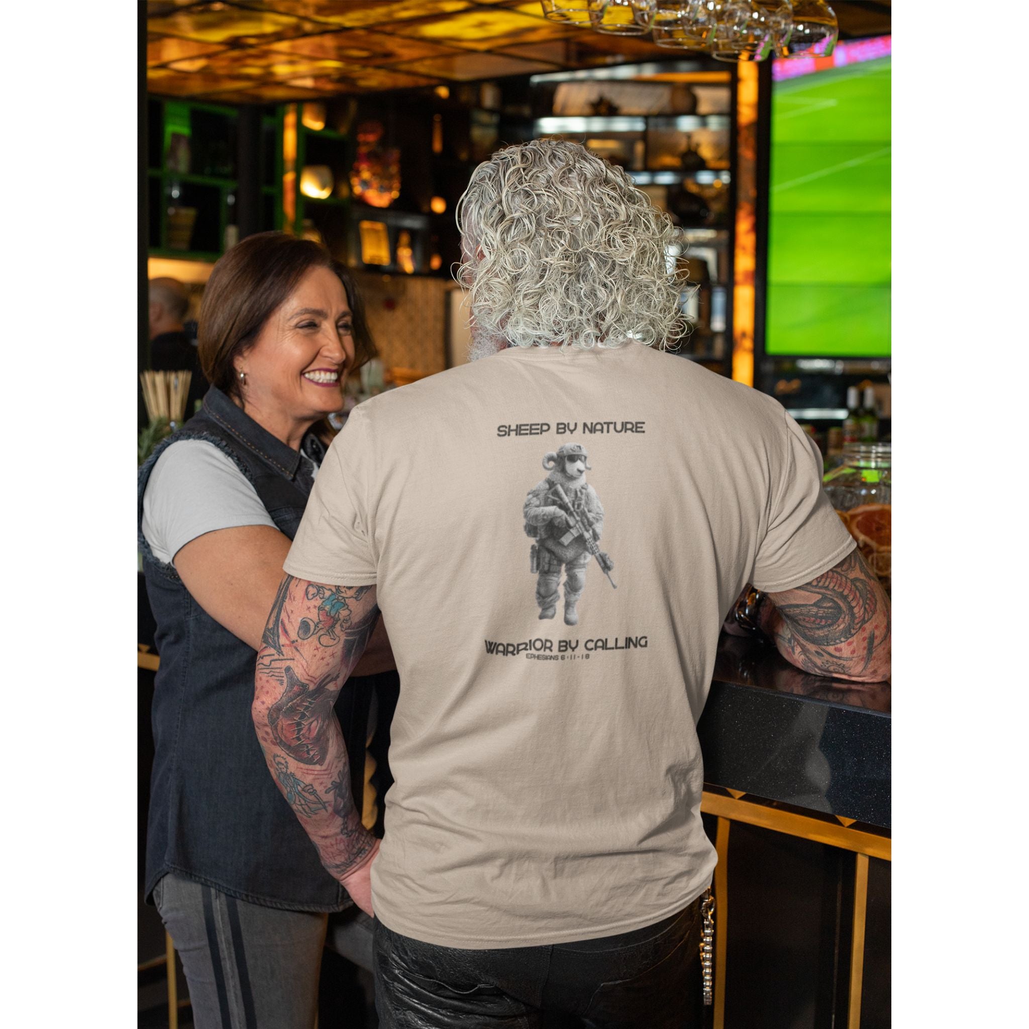 Warrior Sheep — Back Print Christian T-Shirt | Sheep by Nature, Warrior by Calling — Earthtone Edition