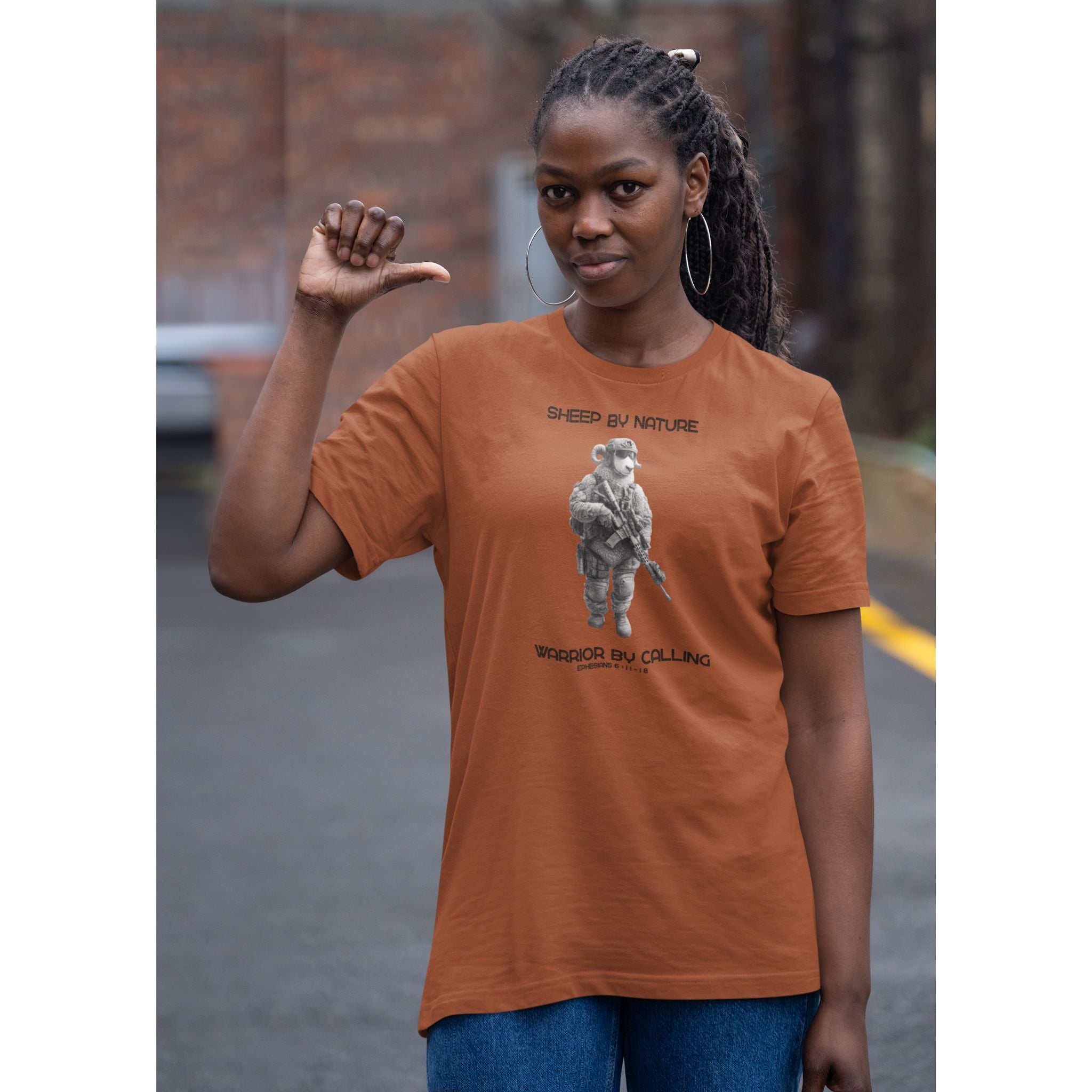Warrior Sheep — Christian T-Shirt | Sheep by Nature, Warrior by Calling — Earthtone Edition
